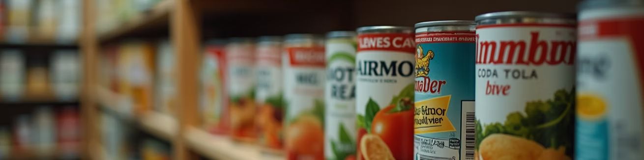 Canned goods lined up on a shelf