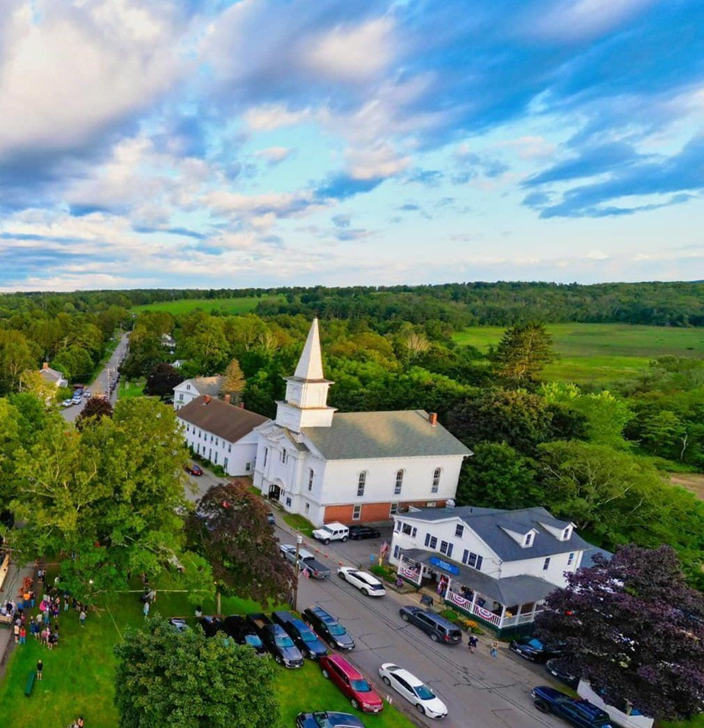 Aerial view of Hardwick Center Church on the Common, home of the food pantry